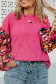 Bright Pink Floral Patchwork Flounce Sleeve Plus Knit Top (size: (US 26W-28W)4X)