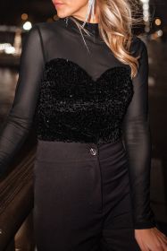 Black Sequin Sheer Mesh Patchwork Mock Neck Blouse (size: (US 4-6)S)