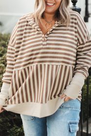 Brown Stripe Drop Sleeve Plus Size Henley Hoodie (size: (US 26W-28W)4X)