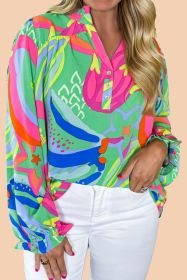 Green Plus Size Abstract Frill V Neck Puff Sleeve Blouse (size: (US 26W-28W)4X)