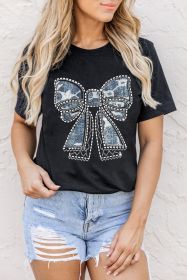 Black Rhinestone Bowknot Graphic Crewneck T Shirt (size: (US 4-6)S)