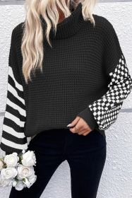 Black Striped Plaid Patchwork Waffle Knit Turtleneck Sweater (size: (US 8-10)M)
