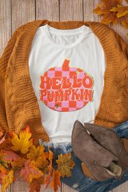 White Chenille Checkerboard Hello Pumpkin Patched Pattern Thanksgiving T Shirt (size: (US 16-18)XL)
