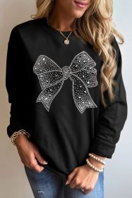 Black Rhinestone Bowknot Graphic Crewneck Pullover Sweatshirt (size: (US 8-10)M)