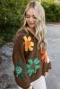 Coffee Vintage 60s Flower Pattern V Neck Lantern Sleeve Sweater