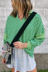 Green Stripe V Neck Collared Waffle Patchwork Loose Top (size: (US 16-18)XL)