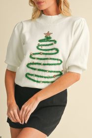 White Tinsel Christmas Tree Puff Short Sleeve Sweater (size: (US 16-18)XL)