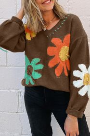 Coffee Vintage 60s Flower Pattern V Neck Lantern Sleeve Sweater (size: (US 16-18)XL)
