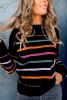 Black Colorful Striped Ribbed Trim Round Neck Sweater