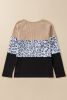 Black Leopard Textured Patchwork Button Decor Round Neck Top