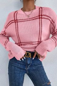 Pink Plaid Pattern Knitted Drop Shoulder Sweater (size: (US 16-18)XL)