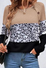 Black Leopard Textured Patchwork Button Decor Round Neck Top (size: (US 16-18)XL)