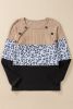 Black Leopard Textured Patchwork Button Decor Round Neck Top