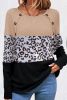 Black Leopard Textured Patchwork Button Decor Round Neck Top