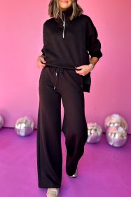 Black Zipper Stand Neck Top and Wide Leg Pants Set (size: (US 16-18)XL)