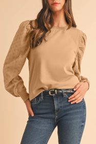 Pale Khaki Eyelet Embroidered Sleeve Patchwork Ribbed Sweatshirt (size: (US 4-6)S)