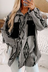 Gray Aztec Contrast Chest Pockets Loose Shacket (size: (US 16-18)XL)