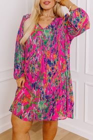 Rose Plus Size Abstract Floral Print Pleated Loose Dress (size: (US 26W-28W)4X)