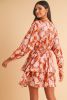 Brown Floral Puff Sleeve Smocked Waist Layered Dress