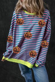 Green Stripe Funny Halloween Pumpkin Pattern Oversize Sweatshirt (size: (US 8-10)M)
