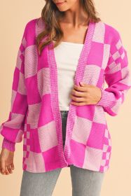 Rose Red Checkered Printed Ribbed Trim Open Front Cardigan (size: (US 8-10)M)