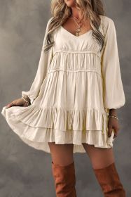 Apricot Puff Sleeve Loose Fit Tiered Ruffle Mini Dress (size: (US 4-6)S)