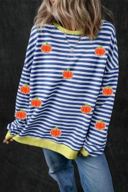 Blue Stripe Glitter Halloween Pumpkin Print Oversized Sweatshirt (size: (US 8-10)M)