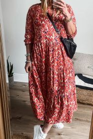 Red Plus Size Abstract Print Notch V Neck High Waist Maxi Dress (size: (US 22W-24W)3X)