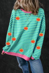 Sky Blue Stripe Glitter Halloween Pumpkin Print Oversized Sweatshirt (size: (US 8-10)M)