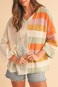 Beige Oversized Colorblock V Neck Hooded Sweater (size: (US 8-10)M)