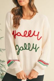 Beige Tinsel Holly Jolly Graphic Round Neck Sweater (size: (US 16-18)XL)
