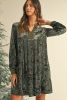 Jungle Green V Neck Pockets Loose Velvet Dress