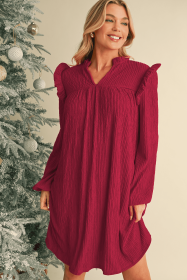 Fiery Red Frill Trim V Neck Loose Fit Ribbed Mini Dress (size: (US 16-18)XL)