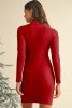 Racing Red Ribbed Knit Long Sleeve High Neck Mini Dress
