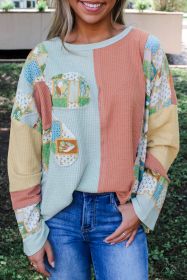 Sail Blue Waffle Patchwork Flower Sweatshirt (size: (US 16-18)XL)