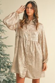 Apricot Metallic Sheen Puff Sleeve Button Up Mini Shirt Dress (size: (US 16-18)XL)