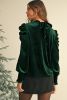 Green Keyhole Neck Puff Sleeve Velvet Blouse