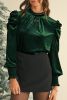 Green Keyhole Neck Puff Sleeve Velvet Blouse