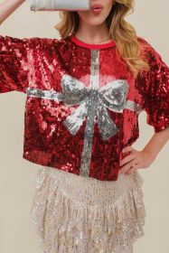 Racing Red Sequins Bow Pattern T Shirt (size: (US 16-18)XL)