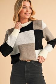 Black Checkered Colorblock Round Neck Knit Sweater (size: (US 16-18)XL)