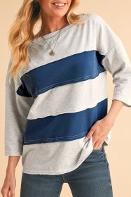 Sail Blue Striped Patchwork 3/4 Sleeves Raw Edge Sweatshirt (size: (US 16-18)XL)