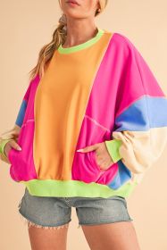 Grapefruit Orange Colorblock Patchwork Drop Shoulder Top (size: (US 4-6)S)