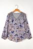 Sky Blue Floral Print Lace Knot Front V Neck Blouse