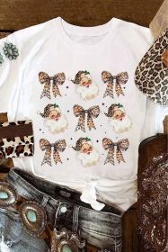 White Santa Claus Leopard Bow Print Crew Neck Graphic T Shirt (size: (US 4-6)S)