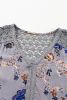 Sky Blue Floral Print Lace Knot Front V Neck Blouse