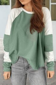 Mint Green Ribbed Colorblock Patchwork Raglan Long Sleeve Top (size: (US 16-18)XL)