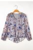 Sky Blue Floral Print Lace Knot Front V Neck Blouse