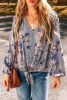 Sky Blue Floral Print Lace Knot Front V Neck Blouse