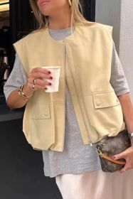 Khaki Loose Casual Pocket Round Neck Zip-Up Vest (size: (US 4-6)S)