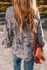Sky Blue Floral Print Lace Knot Front V Neck Blouse